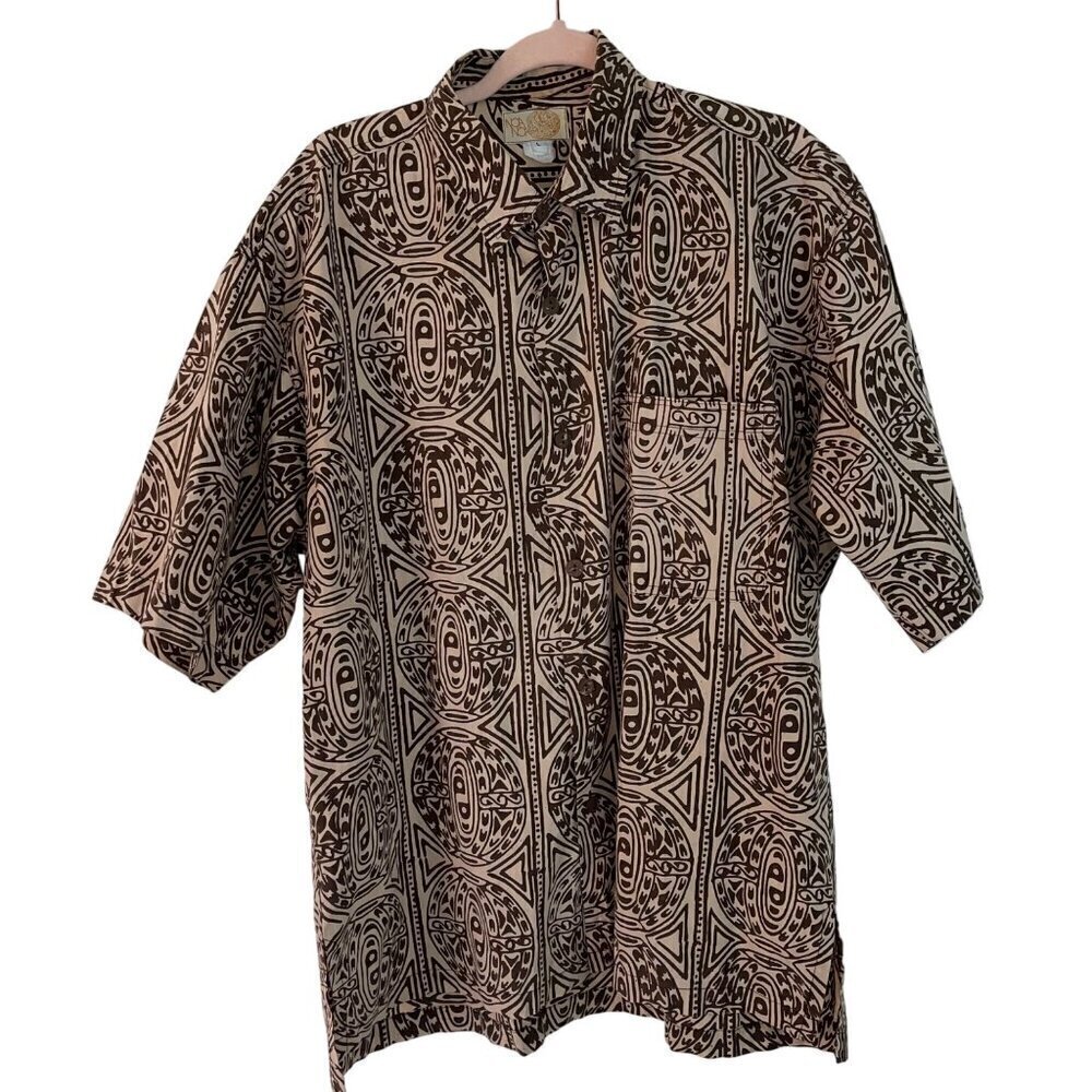 Noa Noa Mens Shirt Size L Brown Abstract Print Hawaiian Button Down Pure Cotton